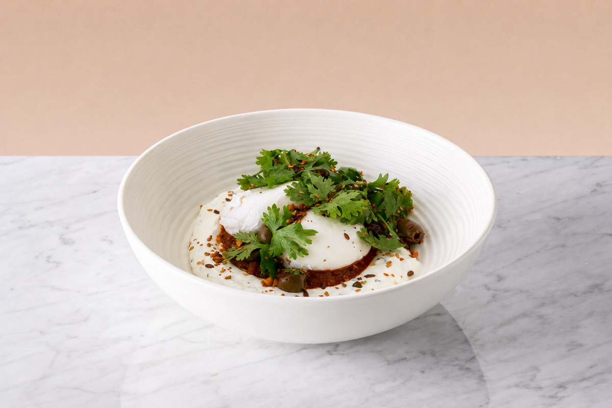 Turkish eggs with herb labneh and beef ragu