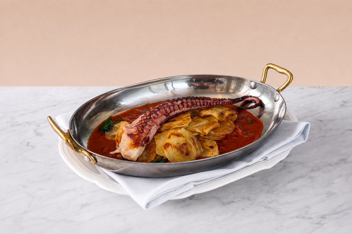 Octopus with potatoes and roasted pappers 