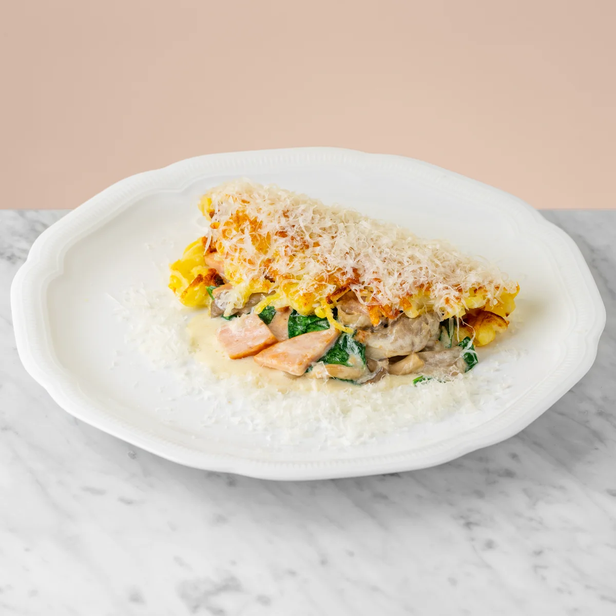 Draniki with turkey ham and mushrooms